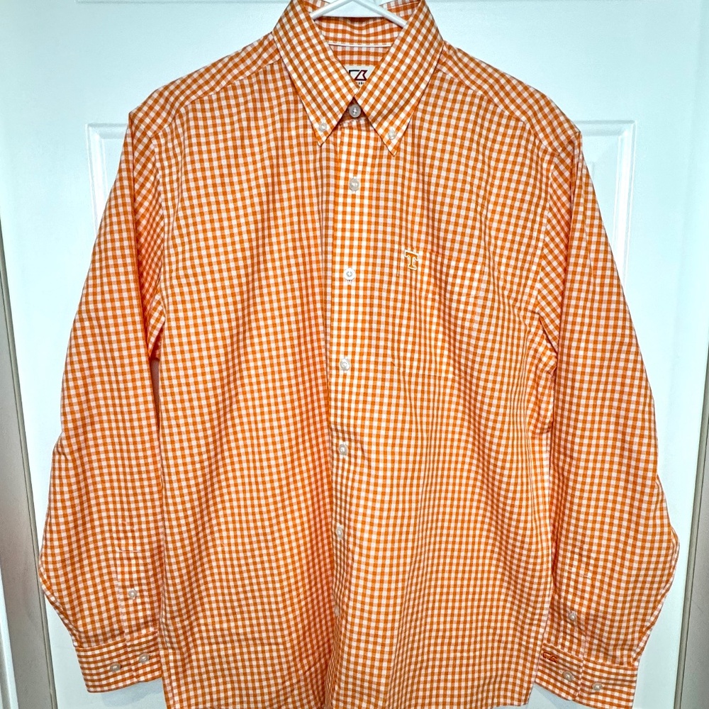 Cutter & Buck Men's Orange & White Power T Tennessee Gingham Shirt Size S